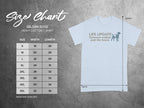 Gildan 5000 t-shirt size chart with "Life Update" graphic.