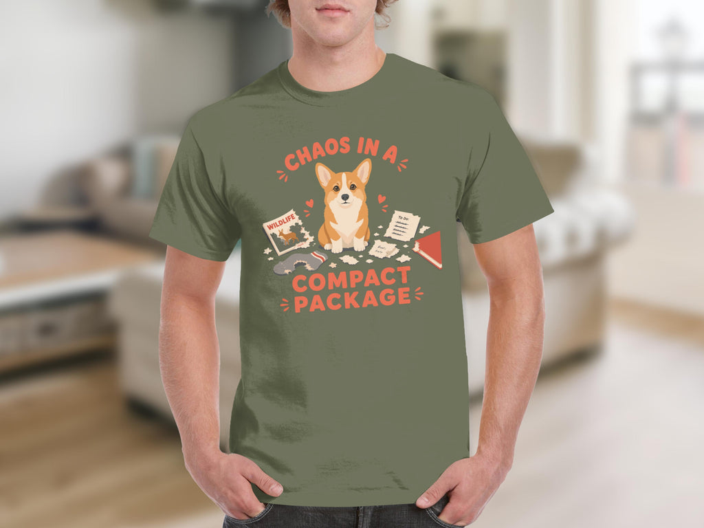 Green t-shirt with "Chaos in a Compact Package" and a corgi illustration.
