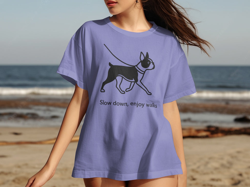 Periwinkle t-shirt with black Boston terrier graphic and text "Slow down, enjoy walks."