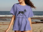 Periwinkle t-shirt with black Boston terrier graphic and text "Slow down, enjoy walks."