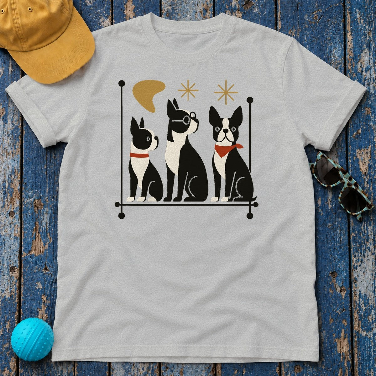 Mid-Century Modern Boston Terriers T-Shirt in Sport Grey