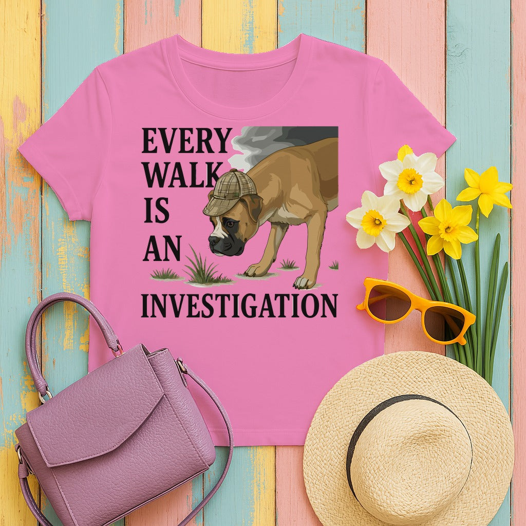 Every Walk Is An Investigation Boxer T-Shirt in Azalea