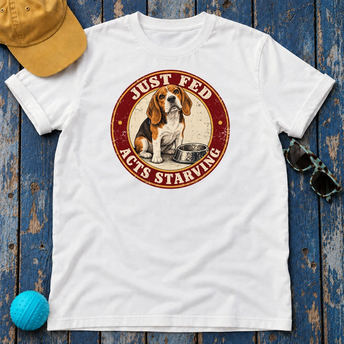 Just Fed Acts Starving Beagle T-Shirt in White - flat lay