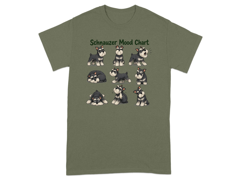 Green t-shirt with "Schnauzer Mood Chart" and nine illustrated schnauzers.