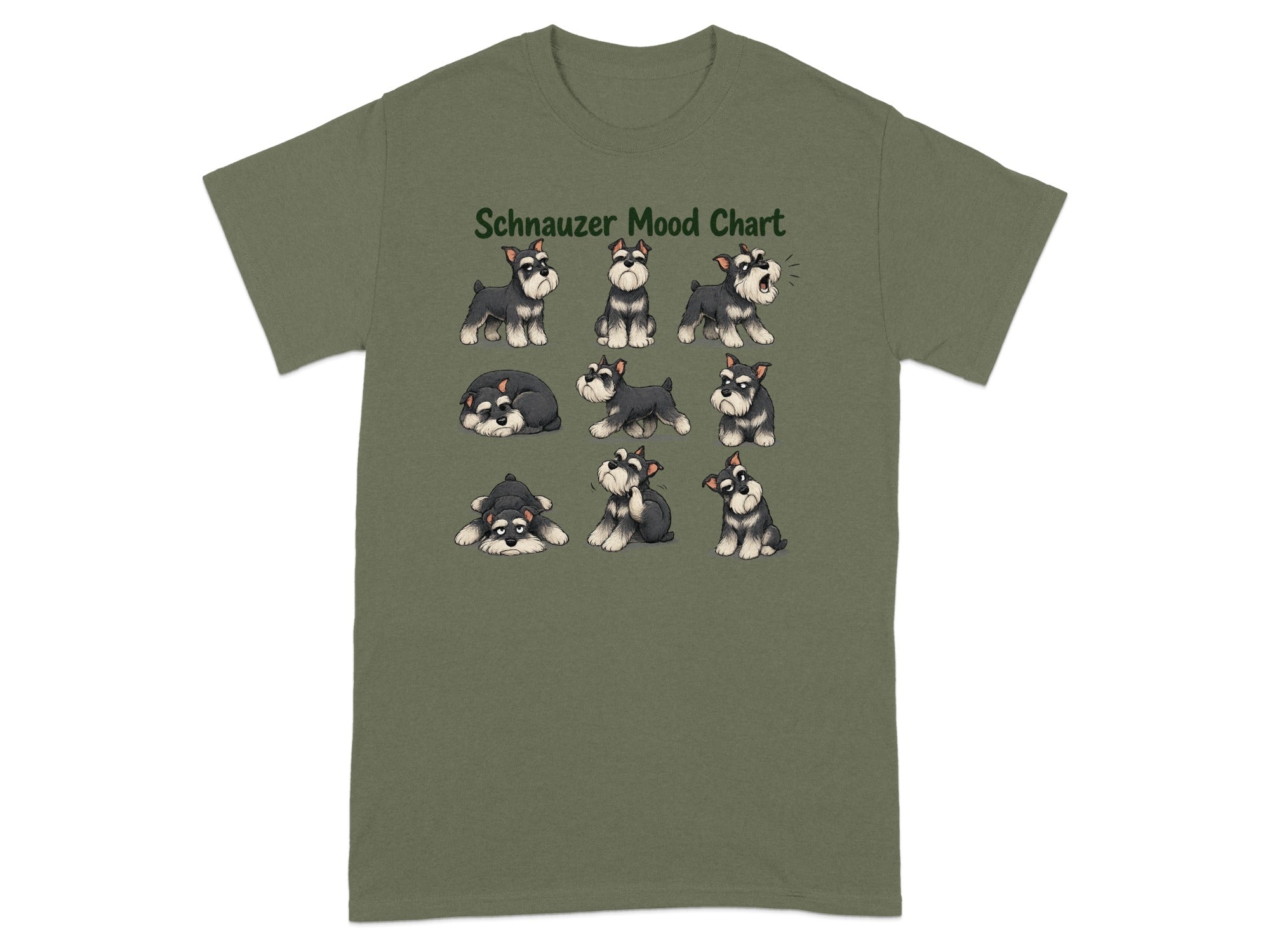Green t-shirt with "Schnauzer Mood Chart" and nine illustrated schnauzers.