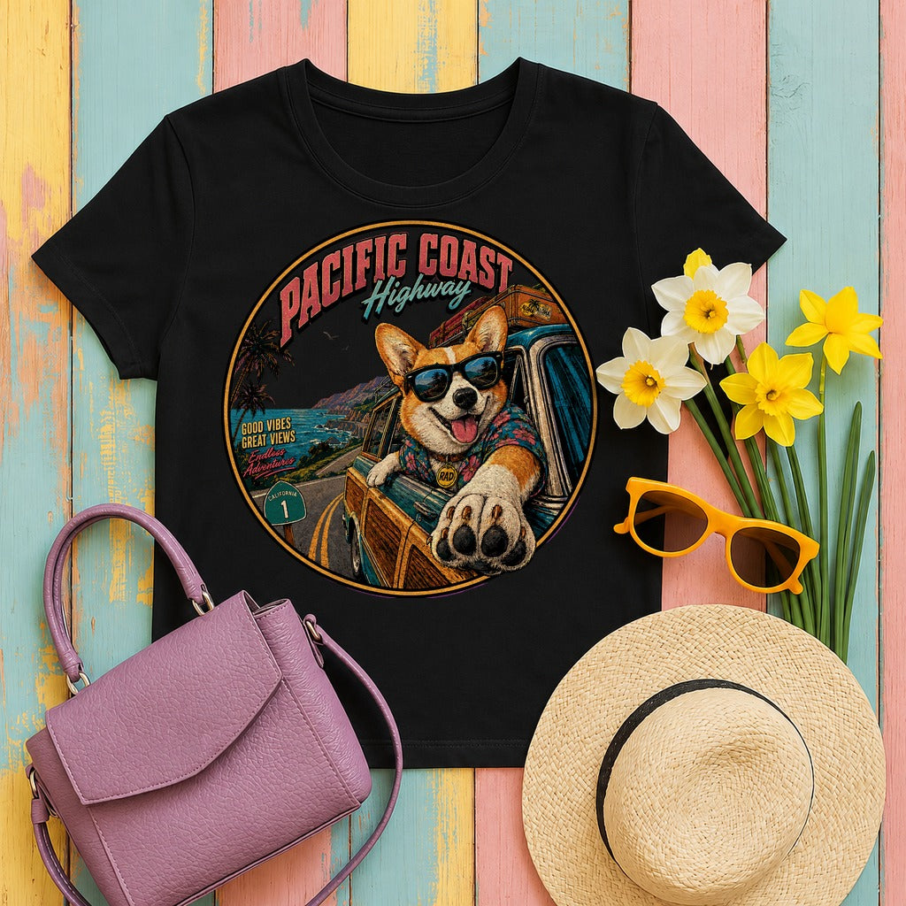 Pacific Coast Corgi Road Trip T-Shirt in Black