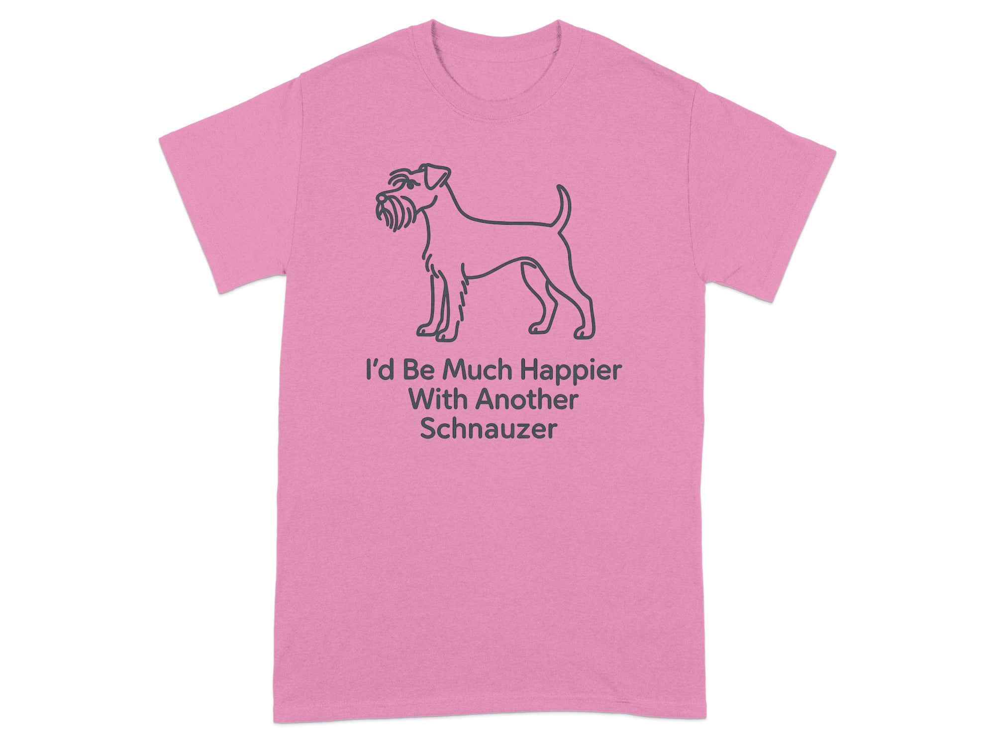 Pink t-shirt with a line drawing of a schnauzer and text.