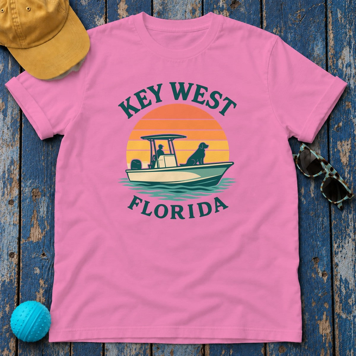 Key West Florida Retro Golden Retriever T-Shirt in Azalea