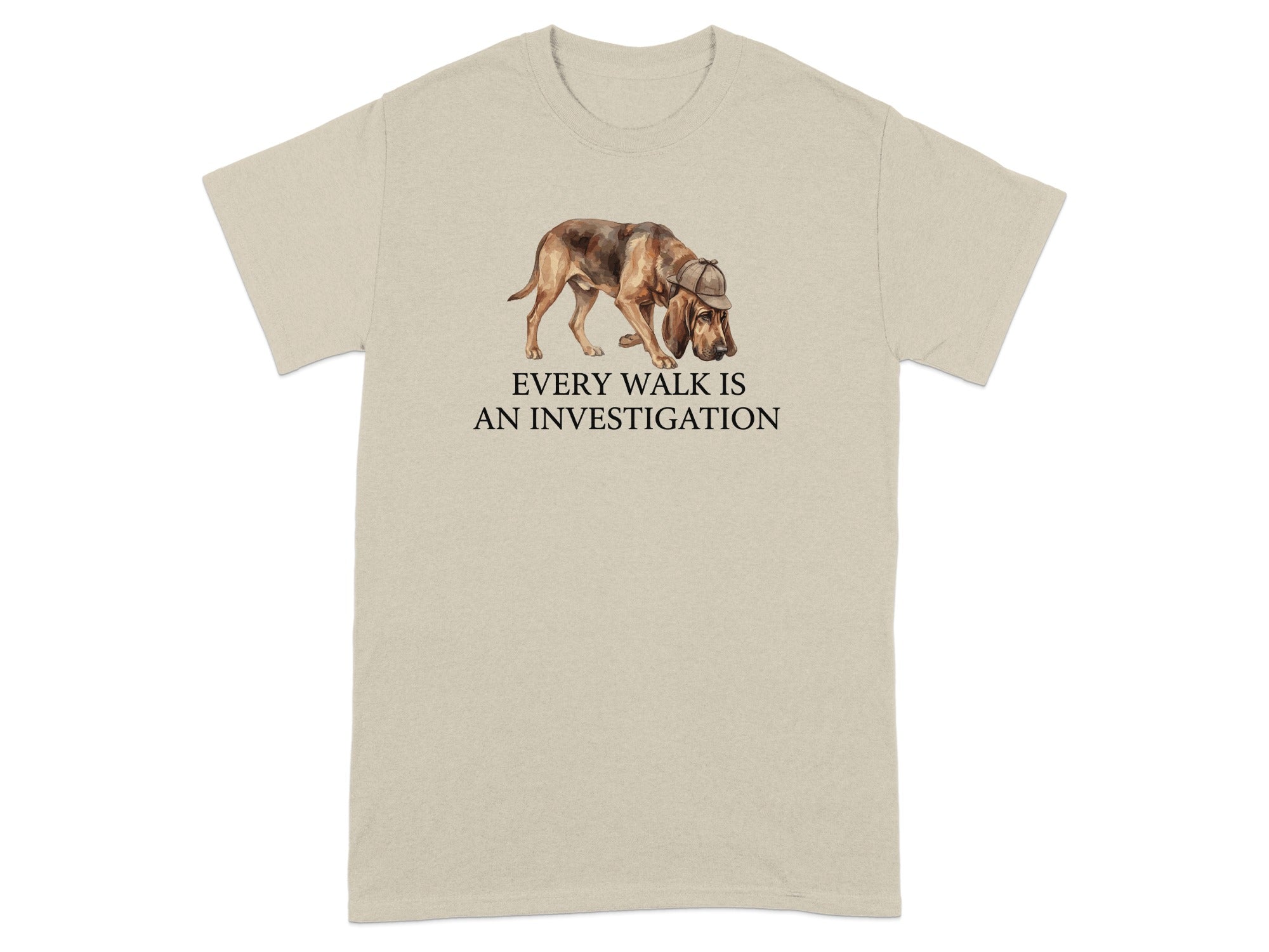 T-shirt with watercolor illustration of a bloodhound in a detective hat.