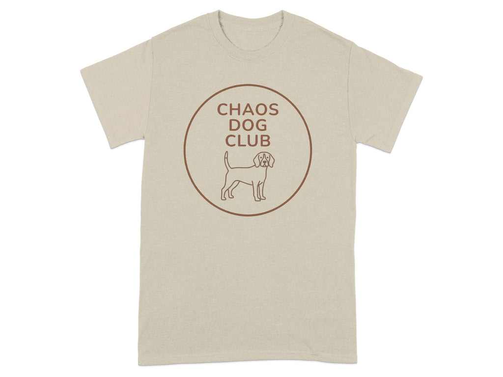 T-shirt with circular logo featuring a beagle and text "CHAOS DOG CLUB".