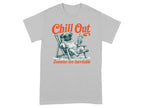 T-shirt with "Chill Out" text and a pug relaxing in a chair with a drink.