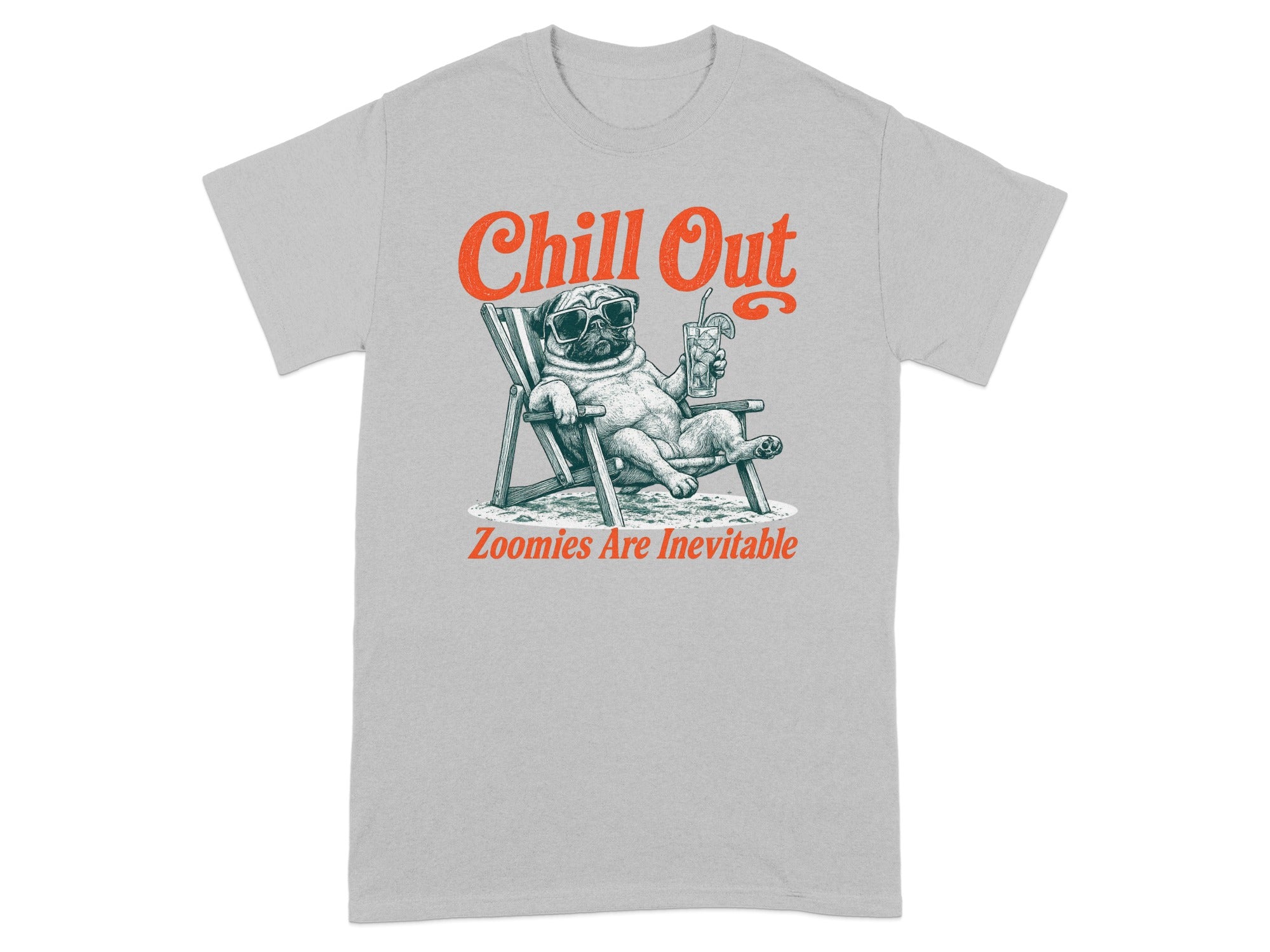 T-shirt with "Chill Out" text and a pug relaxing in a chair with a drink.