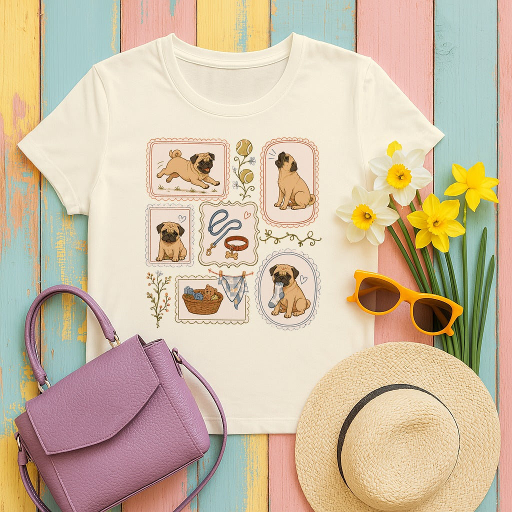 Cute Pug Dog Collage T-Shirt in Natural