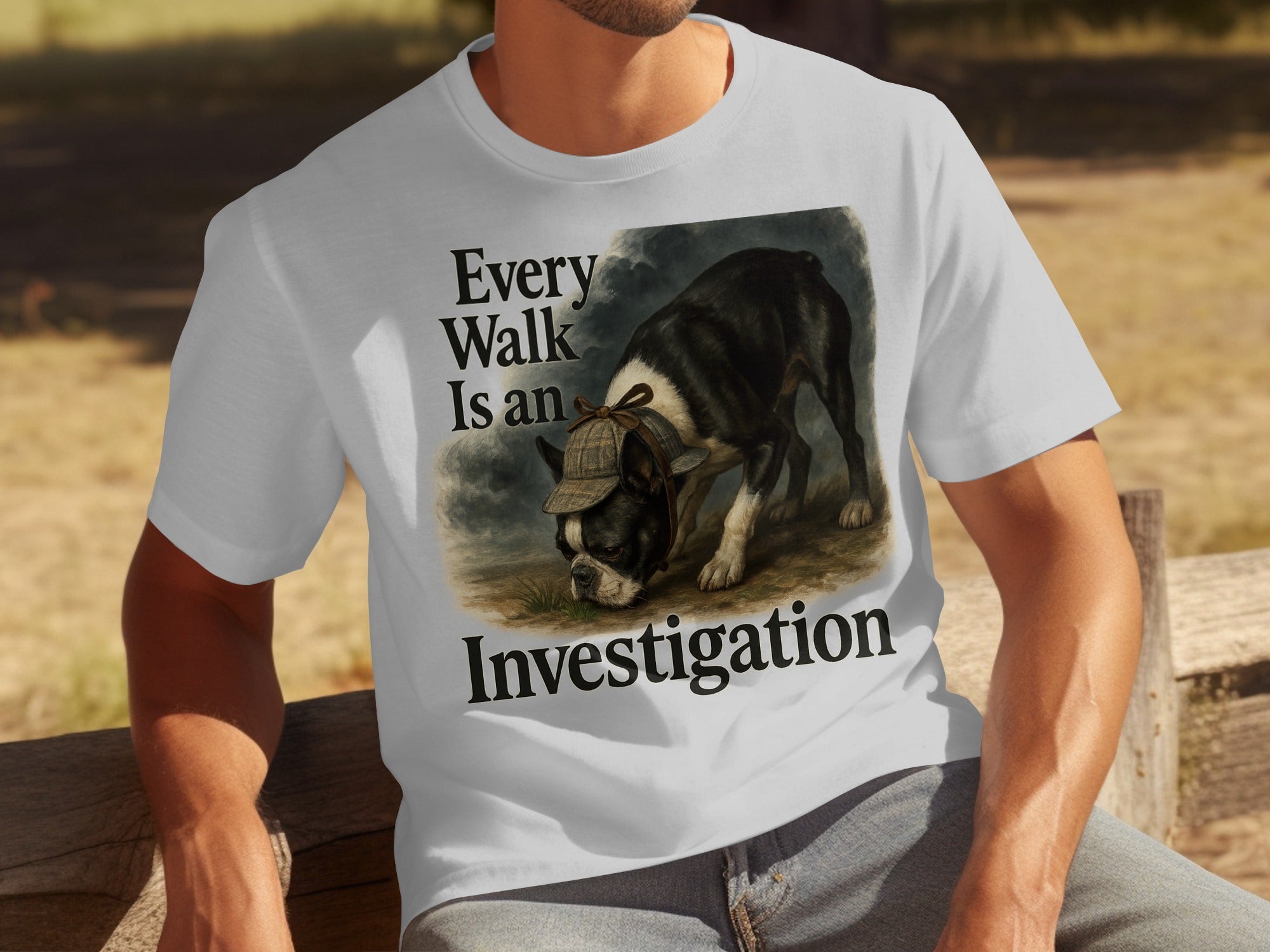 White t-shirt with a Boston terrier wearing a detective hat and text "Every Walk Is an Investigation".