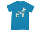 Blue t-shirt with a beige silhouette of a German Shepherd dog spelling 'SHEPHERD'.