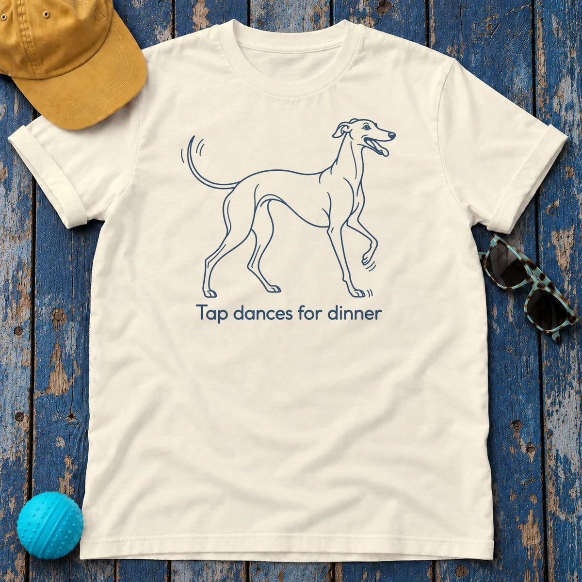 Tap Dances for Dinner Greyhound T-Shirt in Natural - flat lay