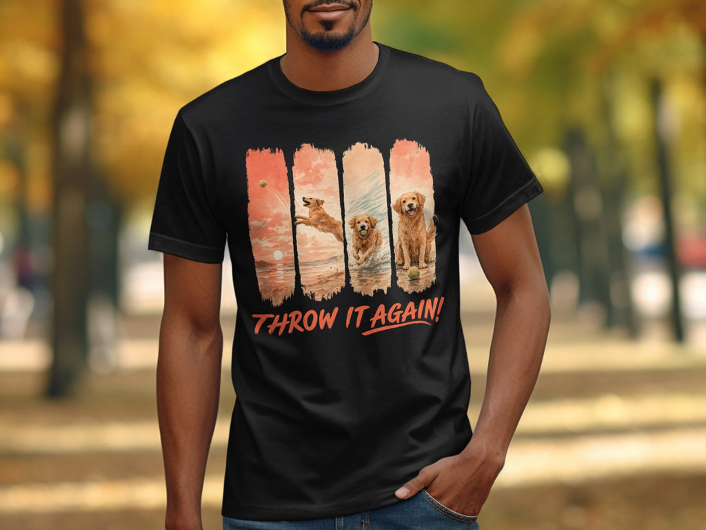 Black t-shirt with four vertical panels of golden retrievers playing with tennis balls with text "THROW IT AGAIN!"