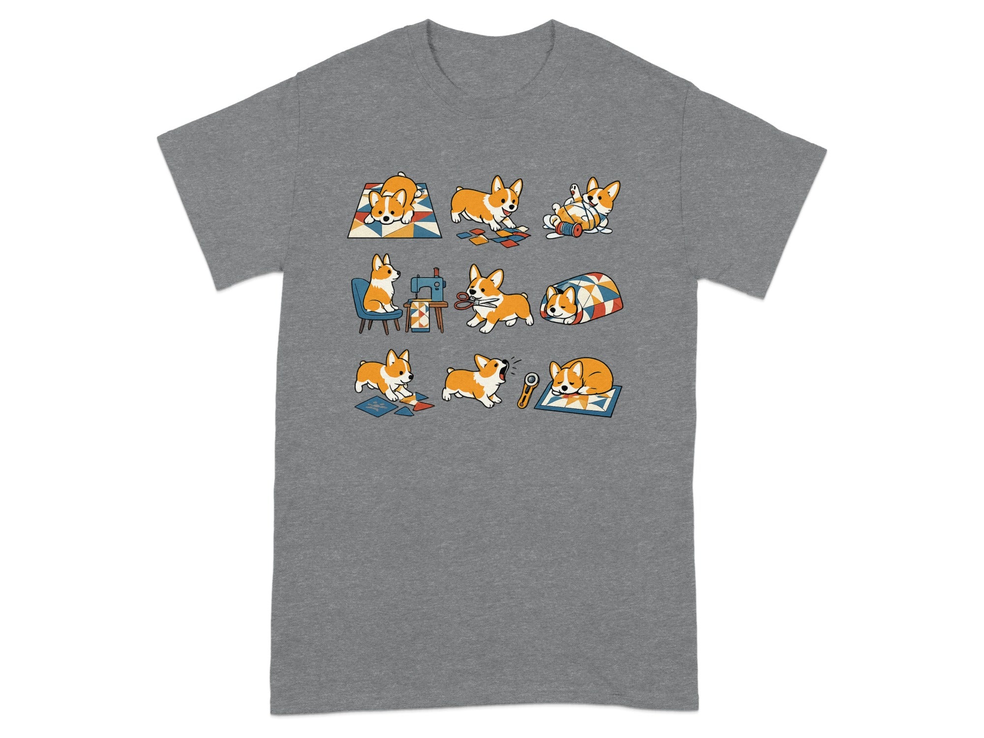 Grid of nine scenes featuring cartoon corgis engaged in various activities, including sewing and playing.