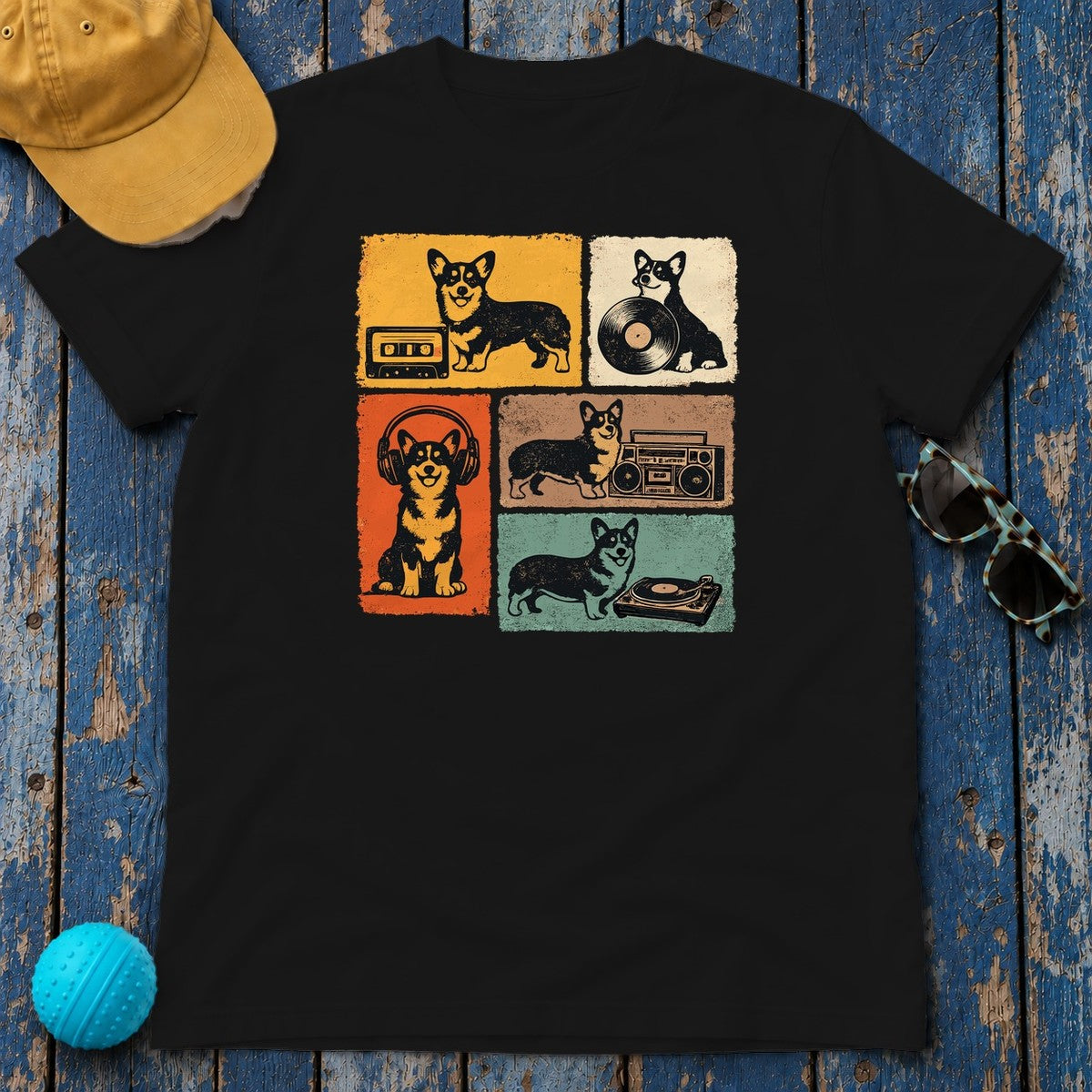 Retro Corgi Mixtape Vibe T-Shirt in Black