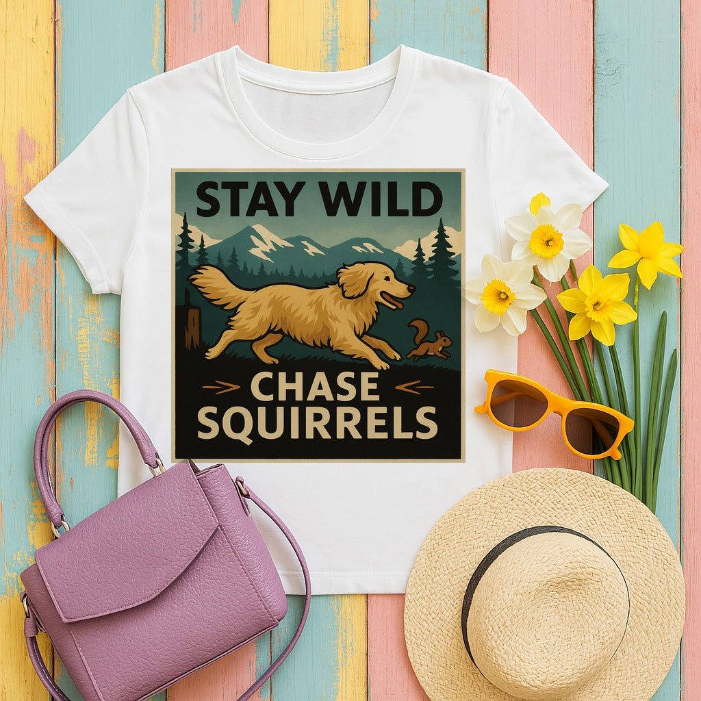 Stay Wild Chase Squirrels Golden Retriever T-Shirts in White