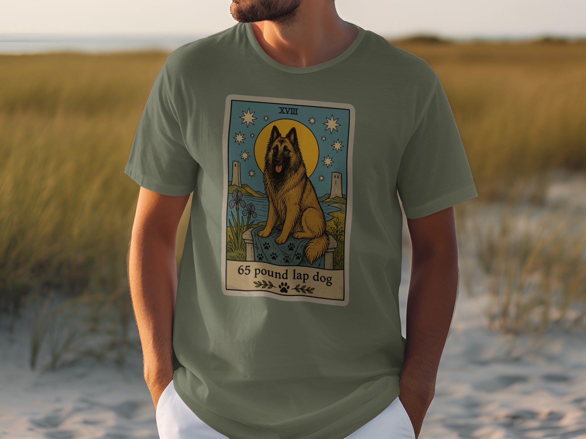Olive green t-shirt with tarot card design featuring a large dog.