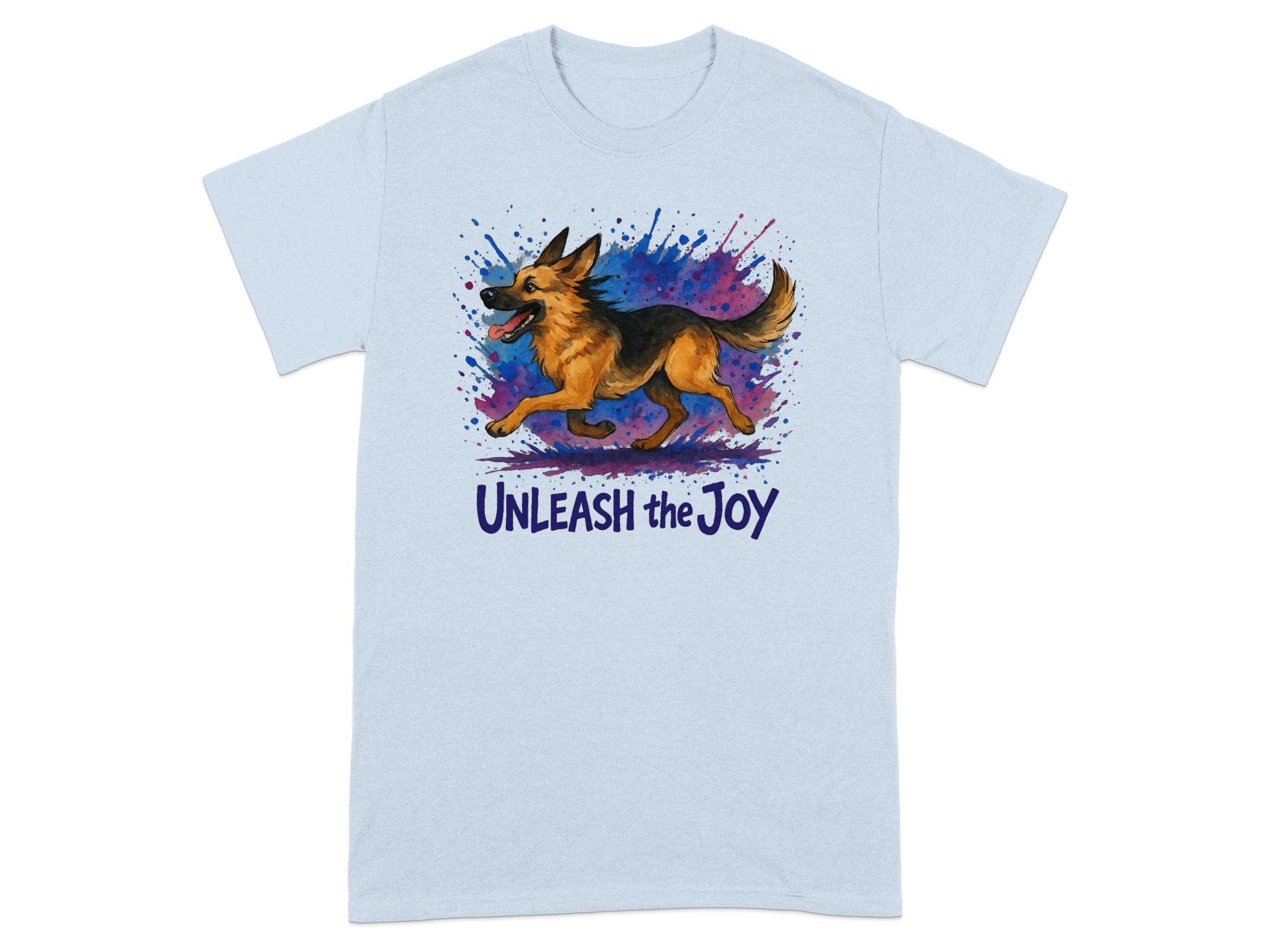 Light blue t-shirt with a watercolor German Shepherd and the text "Unleash the Joy".