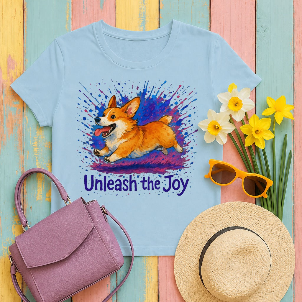 Unleash the Joy Playful Corgi Illustration T-Shirts in Light Blue