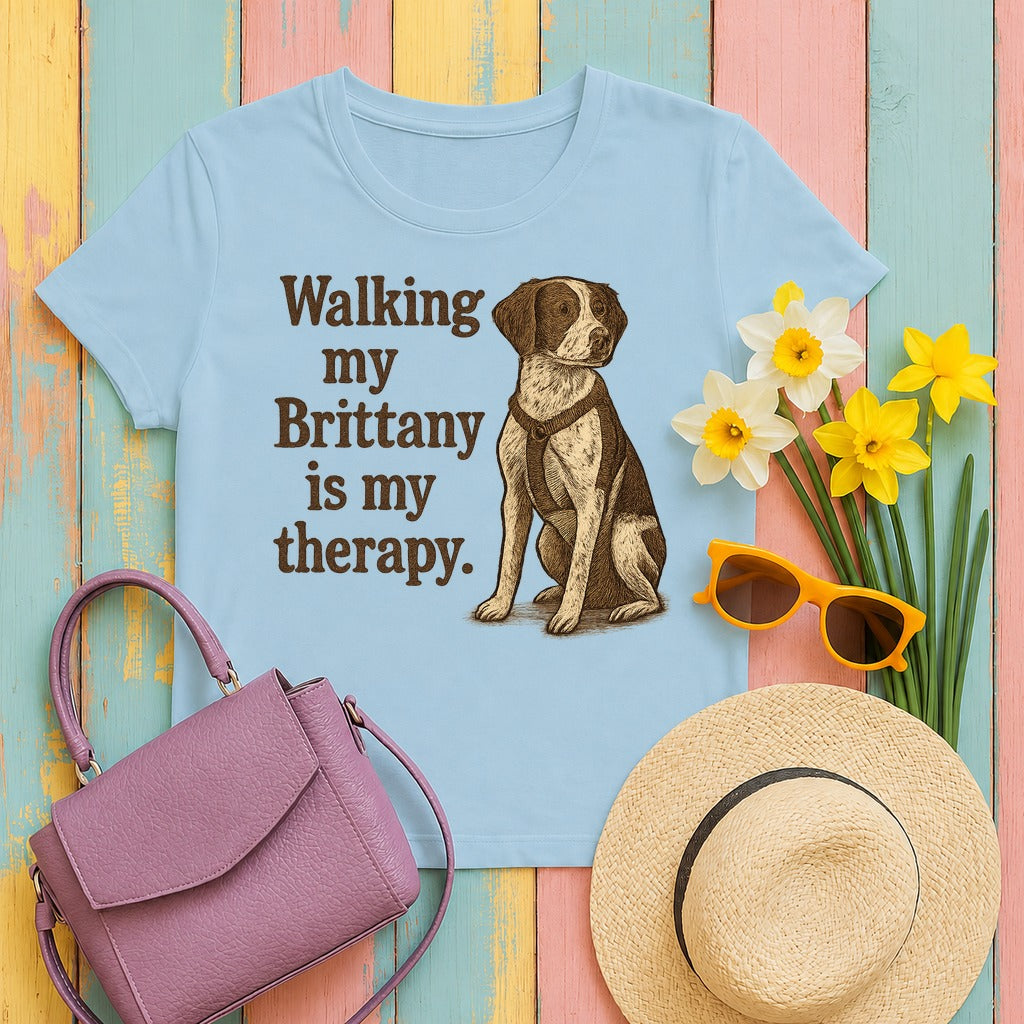 Walking My Brittany Is My Therapy T-shirt in Light Blue