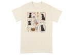 T-shirt with framed illustrations of black labrador puppies and pet accessories.