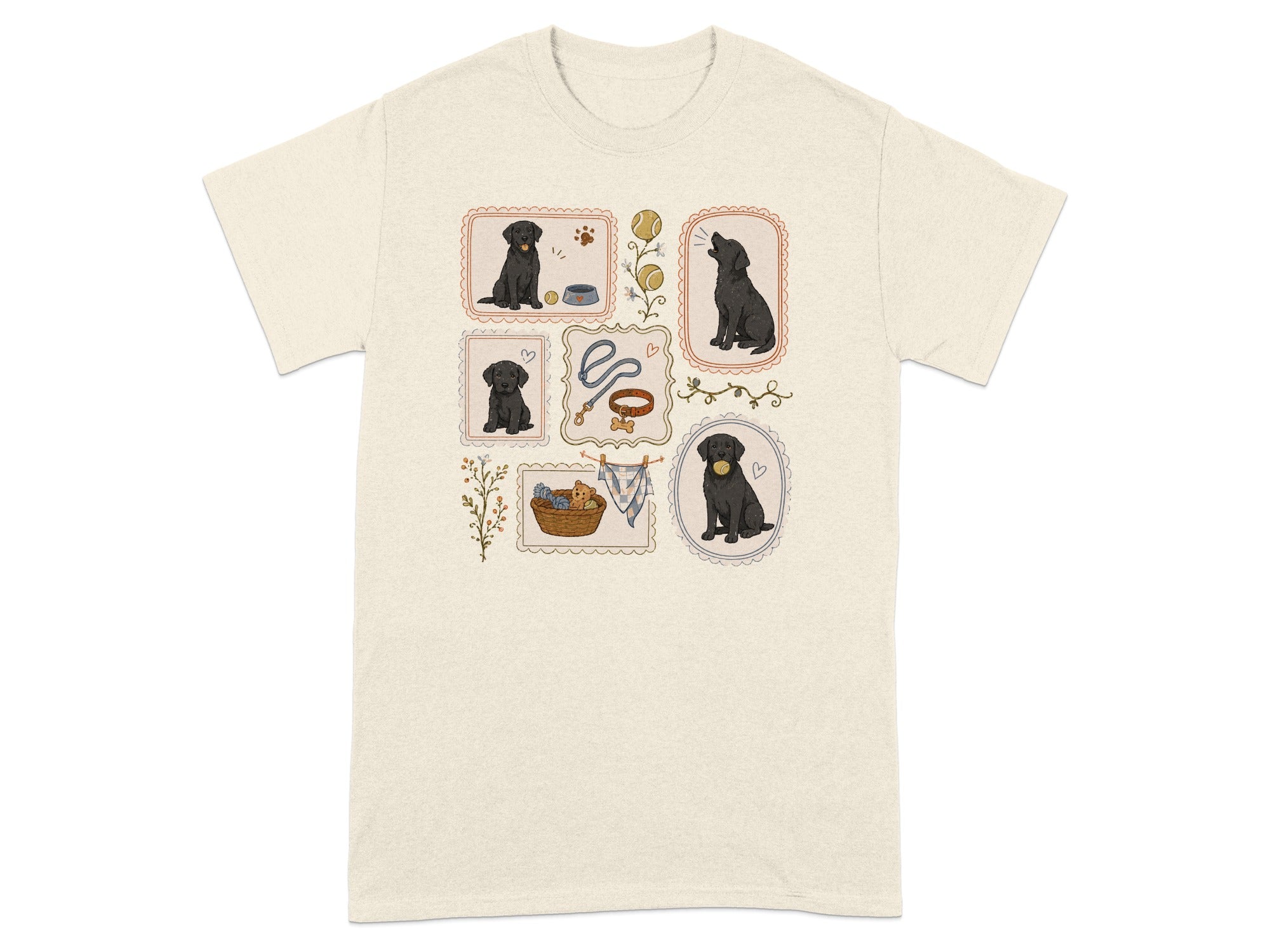 T-shirt with framed illustrations of black labrador puppies and pet accessories.
