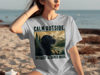 Black Labrador dog on a t-shirt with "Calm Outside. Intensely Attached Inside." text.