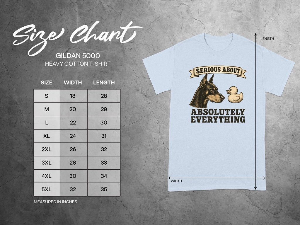 Gildan 5000 t-shirt size chart with dog and duck graphic.