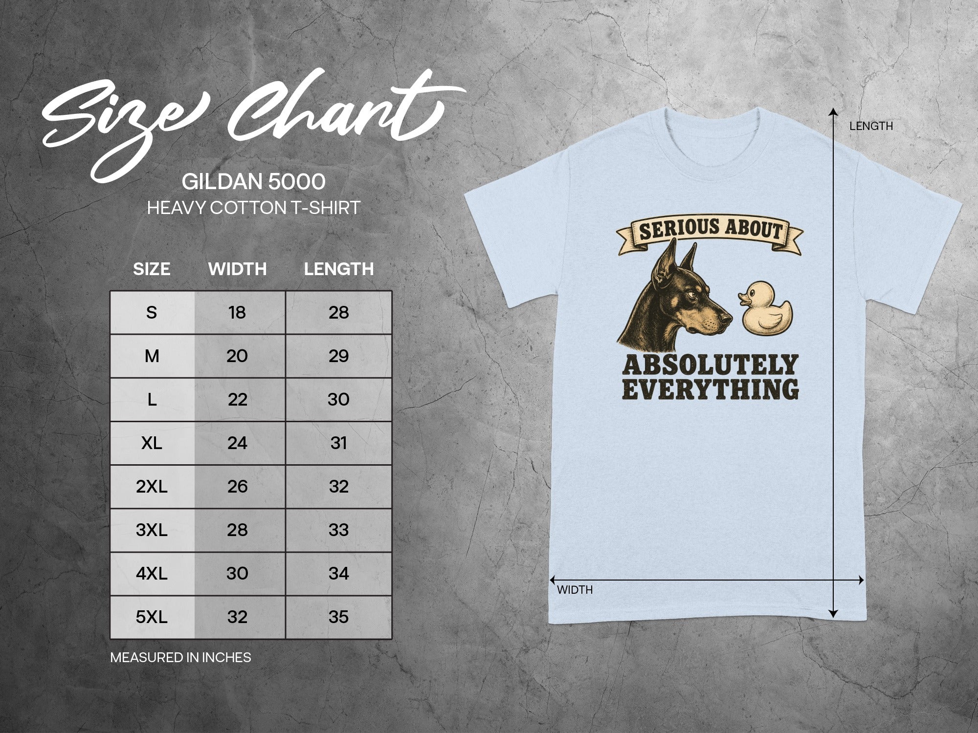 Gildan 5000 t-shirt size chart with dog and duck graphic.