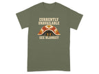 Green t-shirt with dachshund under a patterned blanket, text "CURRENTLY UNAVAILABLE SEE BLANKET".