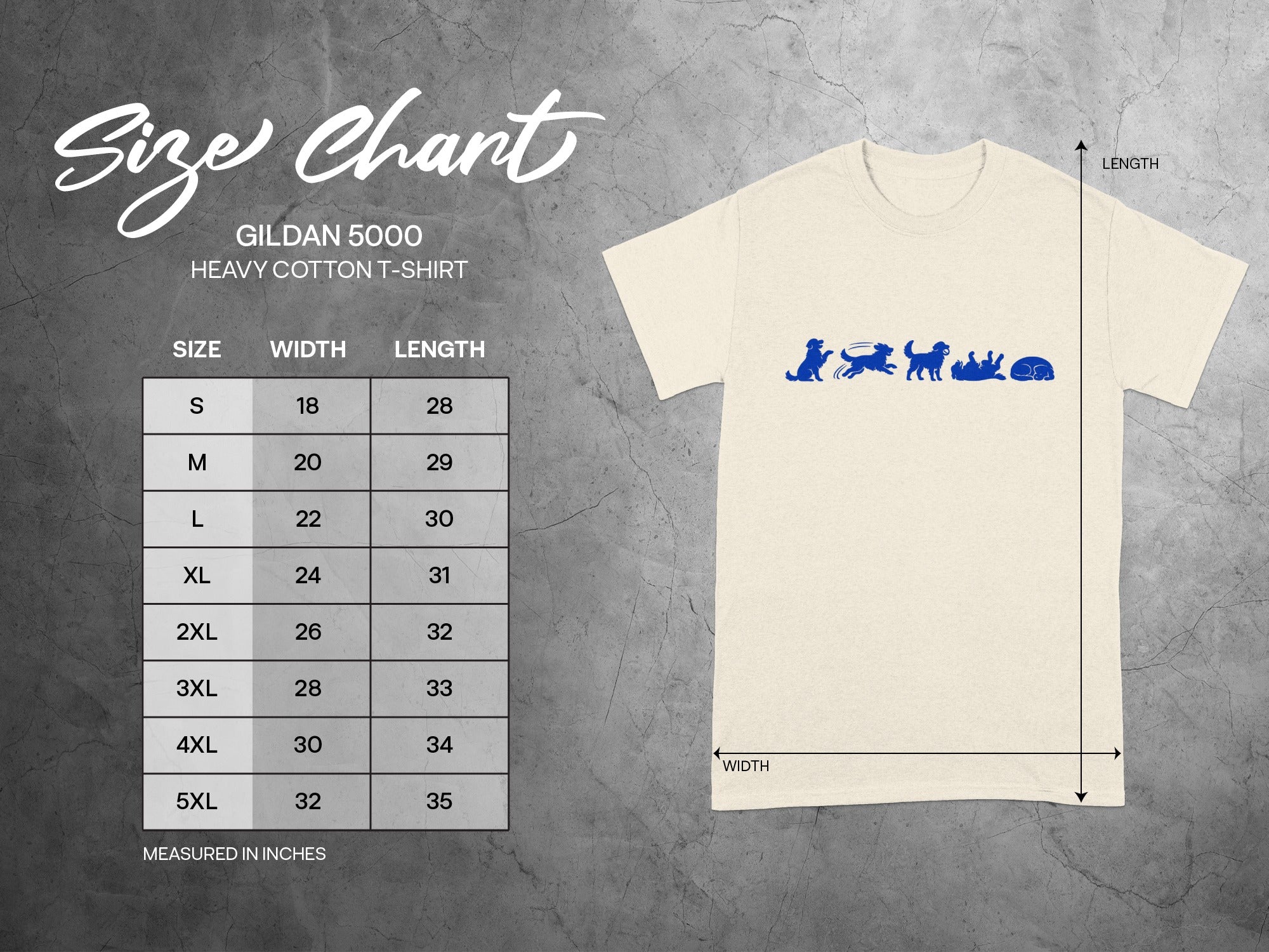 Size chart for Gildan 5000 heavy cotton t-shirt with width and length measurements.