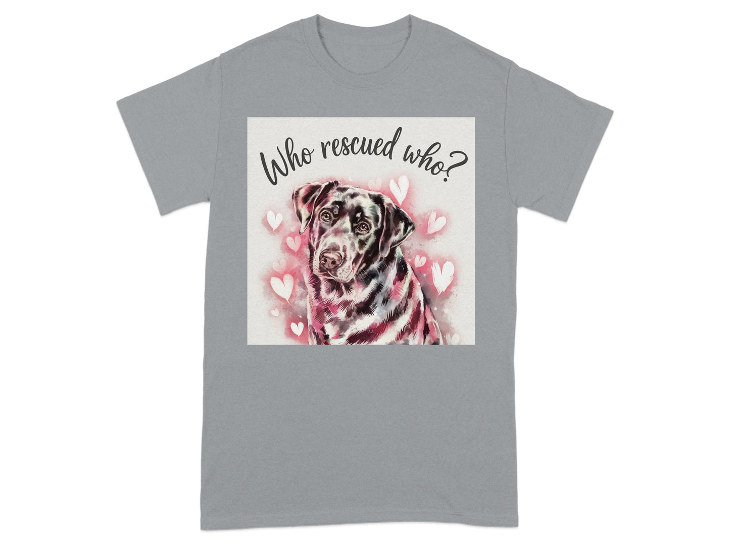 Who rescued who graphic with hearts t-shirt product