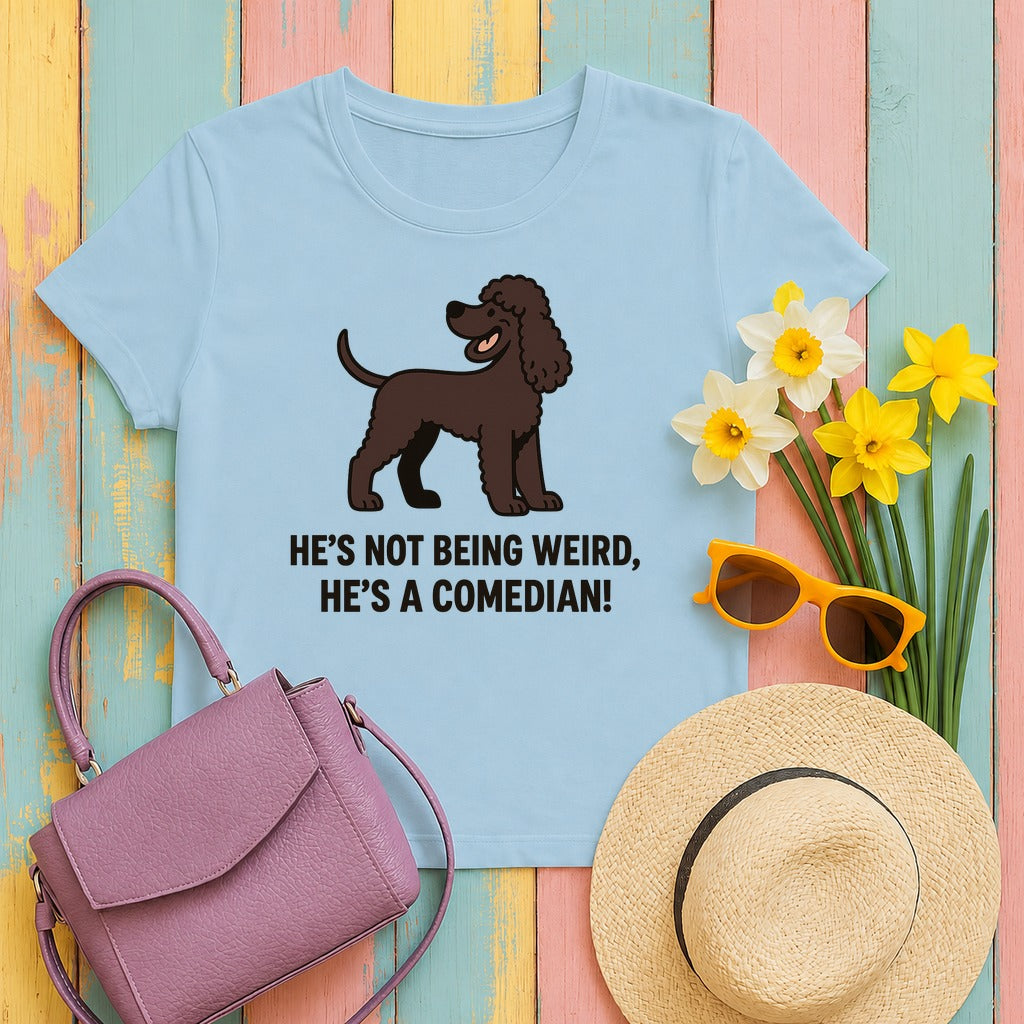 Irish Water Spaniel He's A Comedian Tee in Light Blue