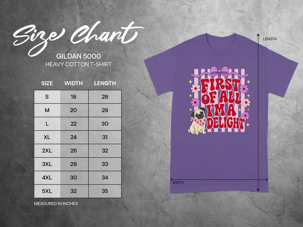 Purple t-shirt with pug and "First of all I'm a delight" text.