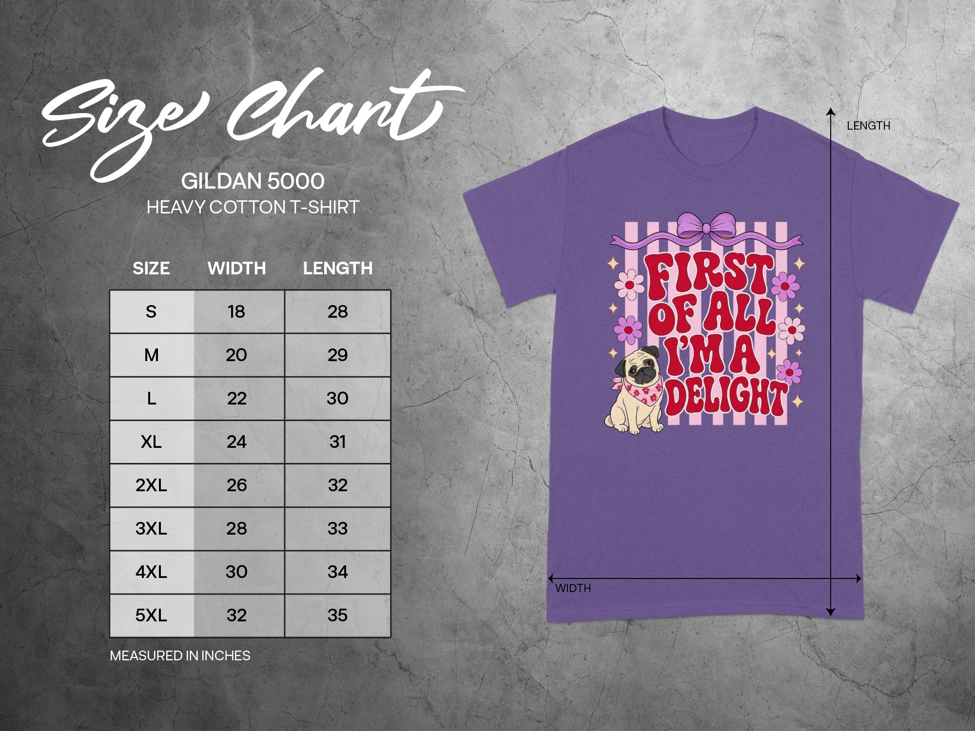 Purple t-shirt with pug and "First of all I'm a delight" text.