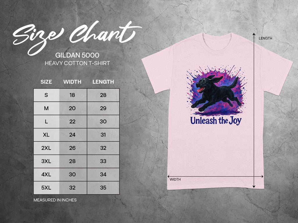 Gildan 5000 Heavy Cotton T-shirt size chart with black dog graphic.