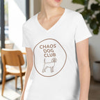 White v-neck t-shirt with brown "Chaos Dog Club" text and beagle graphic.