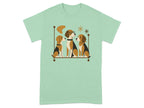 Three beagles in mid-century modern illustration style sitting on a shelf.
