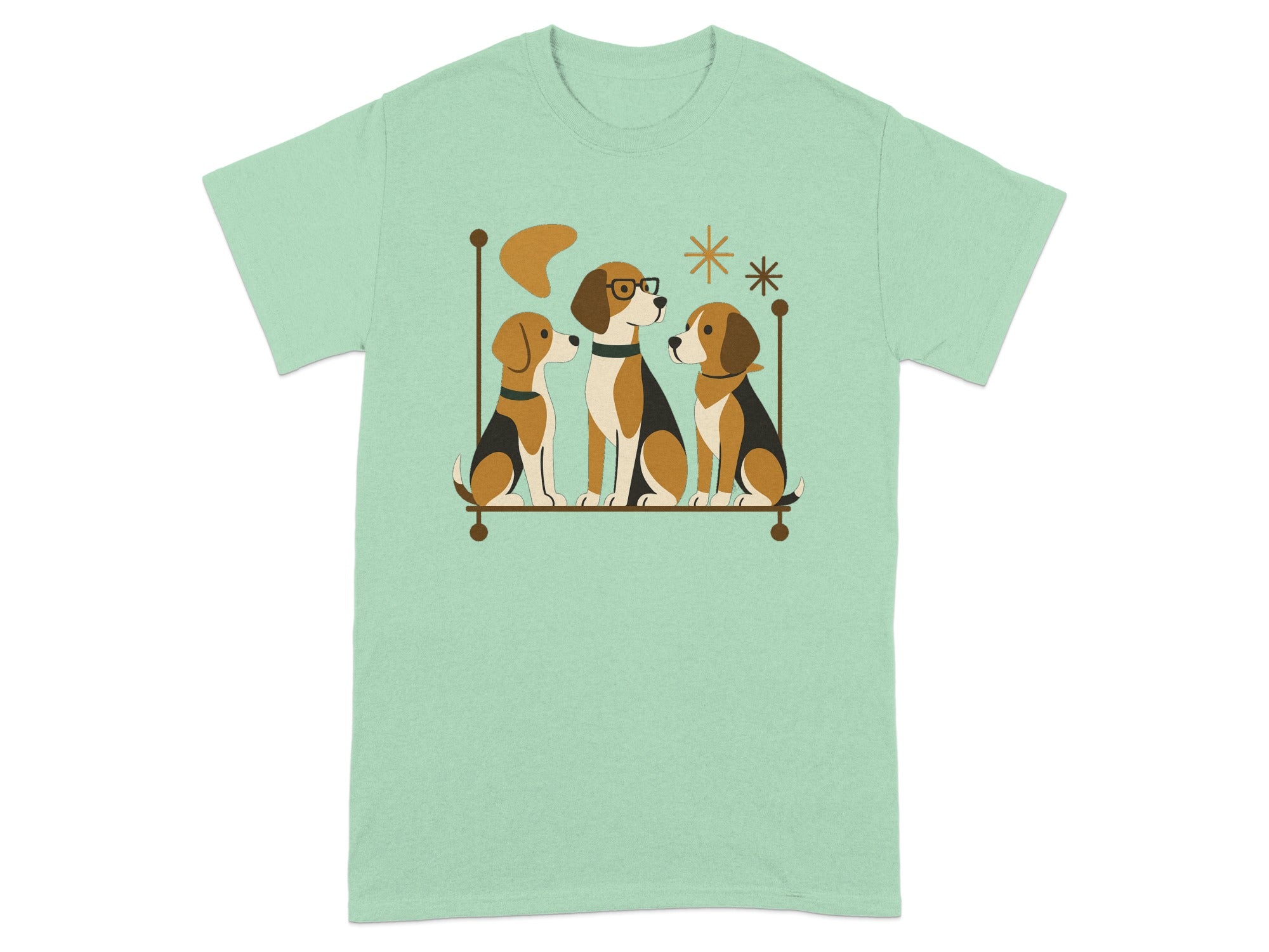 Three beagles in mid-century modern illustration style sitting on a shelf.