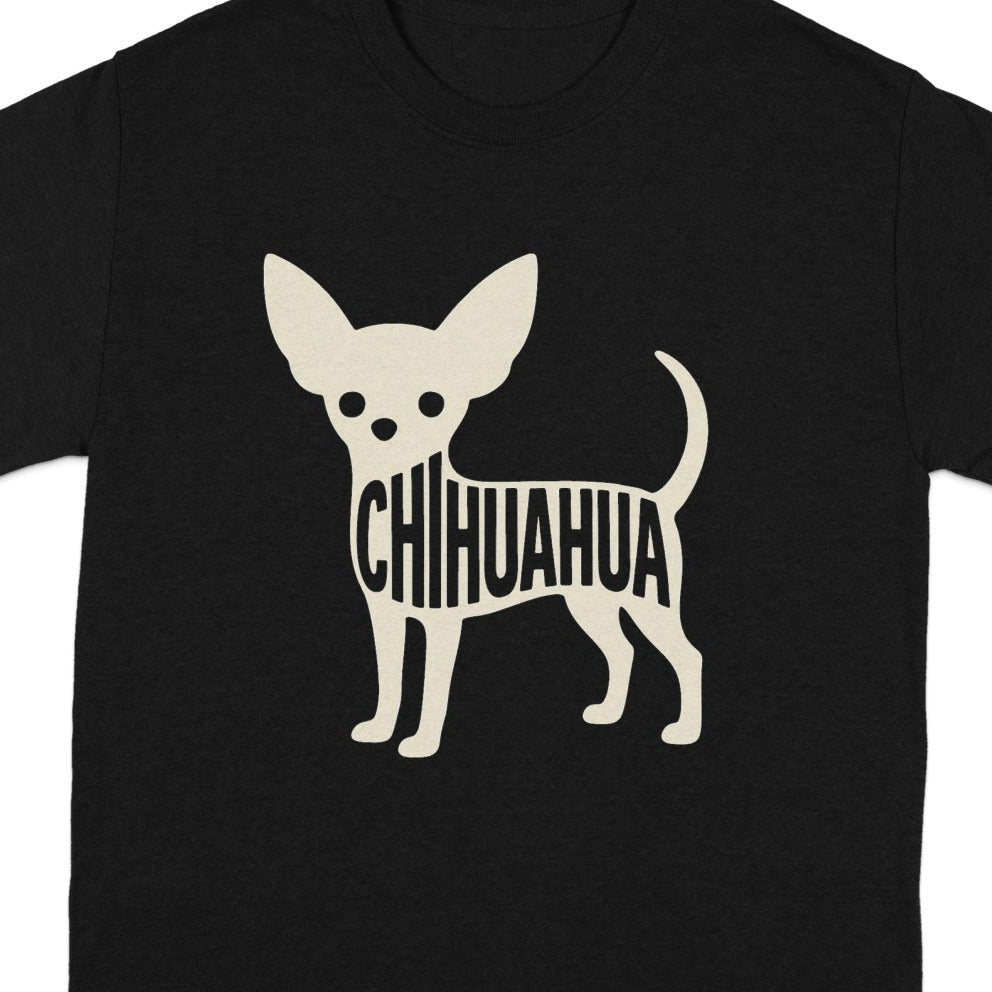 Black t-shirt with cream silhouette of a chihuahua dog and word art.
