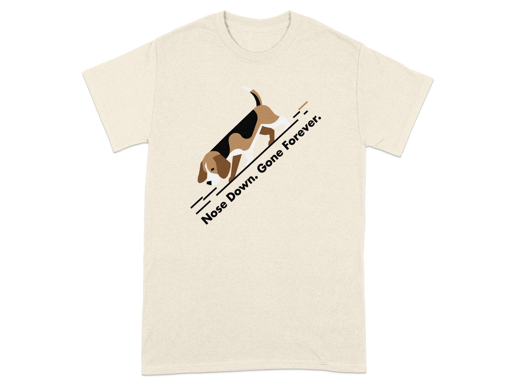 T-shirt with Beagle dog illustration and "Nose Down. Gone Forever." text.