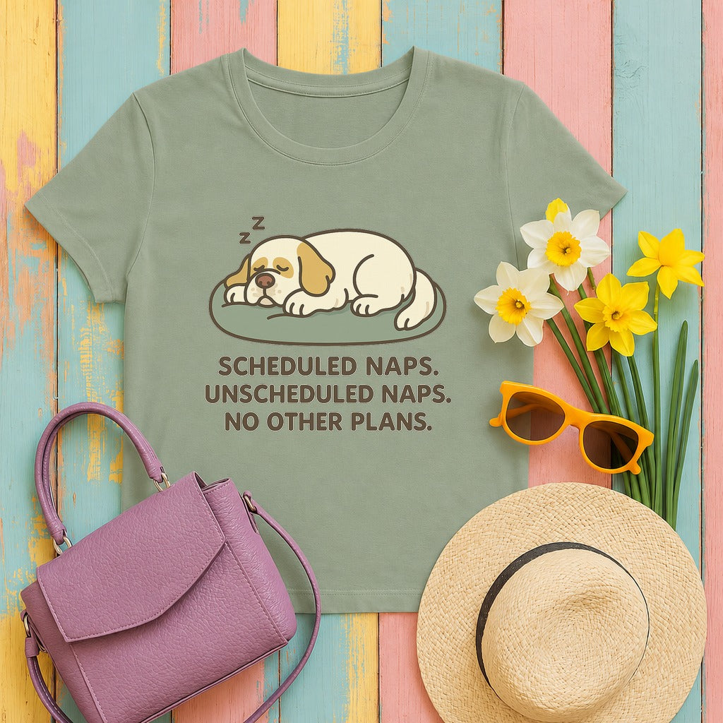 clumber spaniel nap-schedule tee flat lay hero