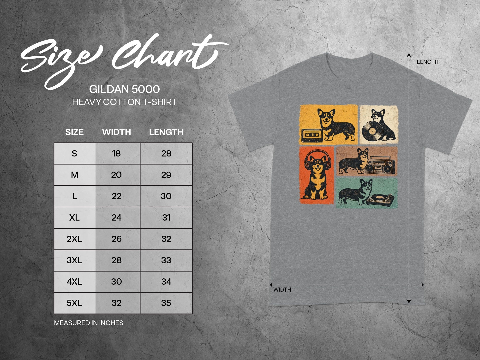 Gildan 5000 size chart showing width and length measurements for t-shirts.