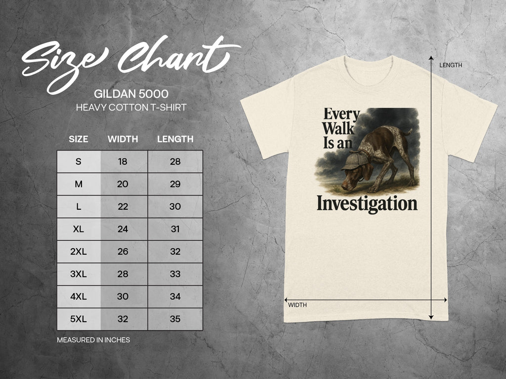 Size chart for Gildan 5000 heavy cotton t-shirt with dog graphic and text.