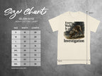 Size chart for Gildan 5000 heavy cotton t-shirt with dog graphic and text.