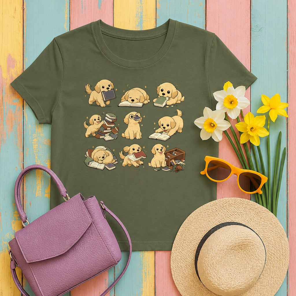 Paws & Pages Golden Retriever T-Shirt in Military Green